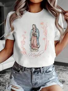 Camiseta Gráfica de Mujer 100% Algodón Virgen de Guadalupe, Camiseta Cristiana de la Virgen de Guadalupe - Blanco - Ver 6