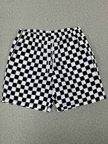 1pc Plus Size Men's Plaid Casual Beach Shorts, Breathable Lightweight And Comfortable, Suitable For Summer Vacation - Black and White - View 3