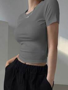 Camiseta Casual De Manga Corta Con Cuello Redondo Y unicolor Para Mujer En Verano - Gris - Ver 1