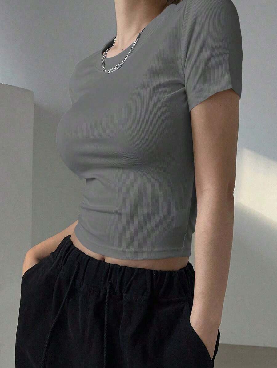 Camiseta Casual De Manga Corta Con Cuello Redondo Y unicolor Para Mujer En Verano - Gris - Ver 1
