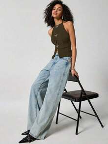 Top de tirantes de corte regular y unicolor sin mangas y escote trasero para mujer - Verde militar - Ver 3