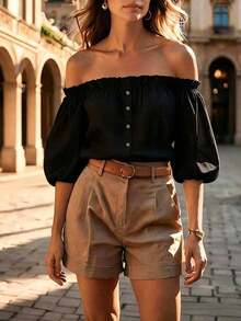 Blusa de mujer con hombros descubiertos, de estilo francés, de manga de pétalo y de un solo botonadura - Negro - Ver 1