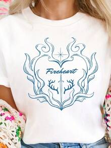 Limited Time Offer, Limited Quantities, Flash ! Women's Casual Shirts, Women's Polyester T-Shirts, Elegant Shirts. Women's Fancy T-Shirt With A "Fireheart" Deer Antler Design, Crew Neck, And Short Sleeves-Perfect Gift For Book Lovers, Spring And Summer Fashion. - 白色 - 查看 10