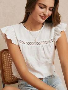 Temporada de vacaciones de verano y de bodas, excelente blusa de unicolor con ribete de volantes, verano, top lindo, elegante y romántico, estilo bohemio chic, estilo casual, esencial, verano, temporada de bodas - Blanco - Ver 6