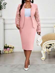 Lady Traje elegante de blazer y vestido de manga larga con cuello de solapa y encaje en contraste para mujer de talla grande - Rosa - Ver 3