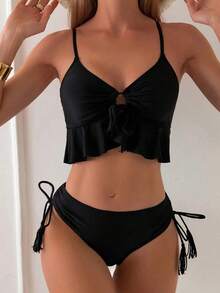 Conjunto de bikini de unicolor con nudo delantero, traje de baño sexy para el estilo de playa de verano - Negro - Ver 6