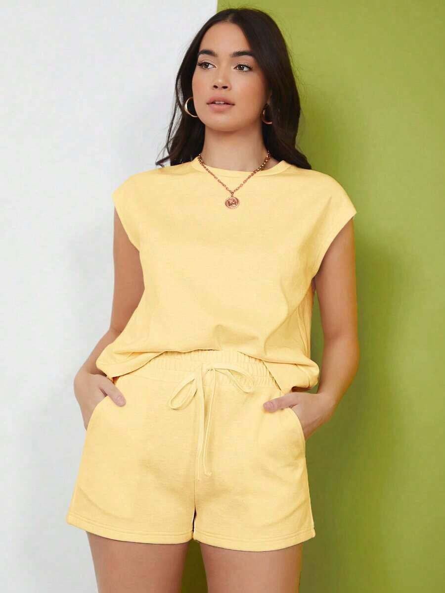 unicolor de manga murciélago Top & de cintura con cordón Shorts - Amarillo - Ver 1