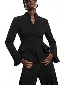 2026 Nueva Moda Minimalista Primavera/Verano Elegante Blazer Ajustado de Cintura Caqui para Mujer, Camisa de Negocios para Damas, Adecuado para el Trabajo, Se Puede Usar como Blazer, Blusa, Uniforme de Trabajo/Casual de Negocios/Atuendo de Oficina - Negro - Ver 1