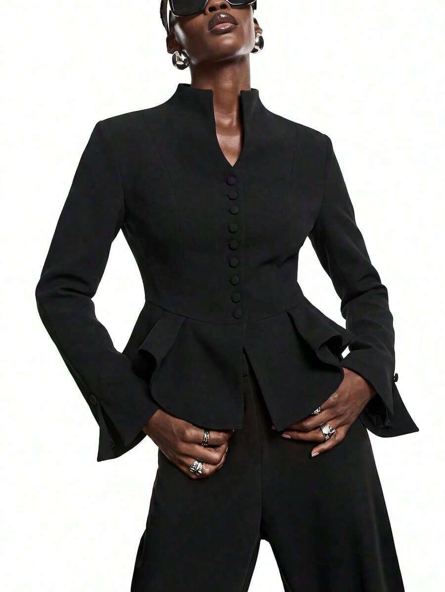 2026 Nueva Moda Minimalista Primavera/Verano Elegante Blazer Ajustado de Cintura Caqui para Mujer, Camisa de Negocios para Damas, Adecuado para el Trabajo, Se Puede Usar como Blazer, Blusa, Uniforme de Trabajo/Casual de Negocios/Atuendo de Oficina - Negro - Ver 1