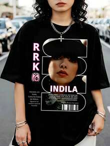 IndilaSS T-Shirt In The Style Of A French Pop Singer's Magazine With A Karaoke Print - 黑色 - 查看 1