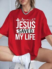 Camiseta de algodón de estilo casual para mujer, ropa de talla para mujer, camiseta con estampado de Jesús me salvó la vida, top casual de manga corta y cuello redondo para primavera/verano, ropa de talla moderna para mujer. Estilo versátil adecuado para el verano. - Rojo - Ver 5