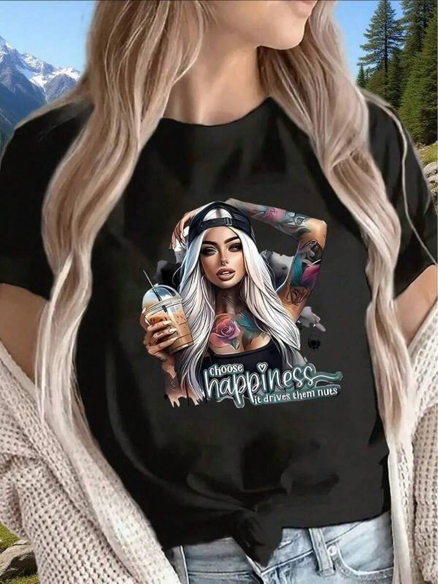 100% Algodón Premium 180g .¡Oferta Especial!Playera.Camiseta única y original con diseño Y2K que resalta un mensaje inspirador elige la felicidad con ilustraciones de estilo moderno perfecta para amantes del arte y la autoexpresión ideal para el estilo urbano y casual de México.Camiseta Streetwear Unisex Ideal para Conciertos y Regalo - Negro - Ver 1