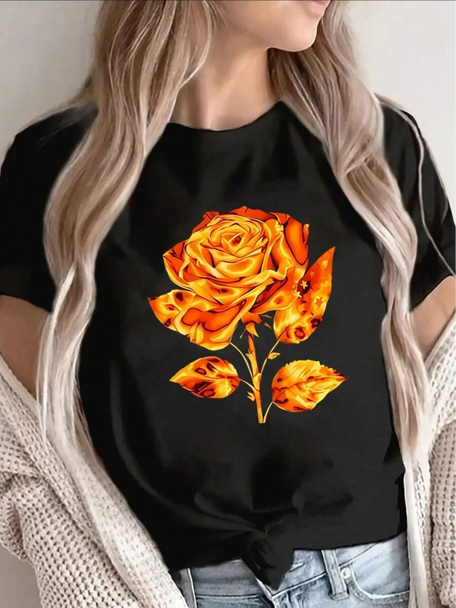 Camiseta negra de manga corta, adornada con vibrantes estampados de rosas naranjas y doradas - top suave, elástico y resistente a las arrugas, con cuello redondo adecuado tanto para uso casual como formal, para el uso diario, cafeterías, fiestas, lavable aáquina, apta para todas las estaciones - Camiseta unisex de algodón suelto de manga corta y cuello redondo estilo vintage urbano. - Negro - Ver 1