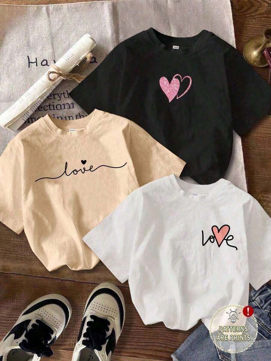 Set de 3 camisetas de manga corta, cuello redondo, ajustadas y cortas con gráfico de corazón minimalista y casual para mujer, adecuadas para el verano - Negro - Ver 1