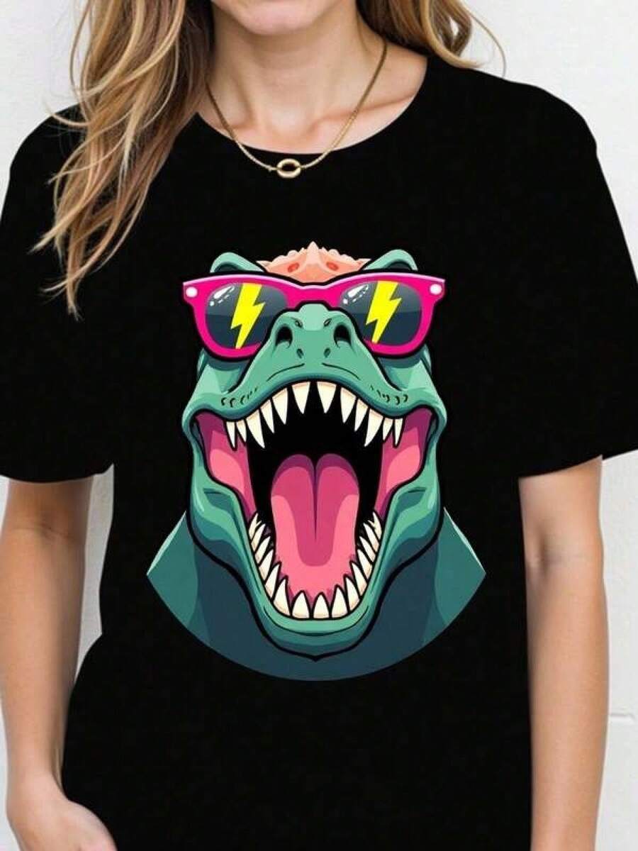 Unisex Pure Cotton Printed Casual T-Shirt. Cotton T-Shirt With A Fun Dinosaur Design, Retro Print, Comfortable, Ideal For Young Adults, Sizes S To XXL, Black, Urban Fashion, Original T-Shirt. Comfortable And Versatile For School, Work, Outings And Casual Events. - 黑色 - 查看 1