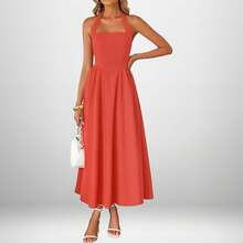 Women's Beige Corset Spaghetti Strap Midi Dress, Sweetheart Neck A-Line Flare Dress, Elegant Bridesmaid & Wedding Guest Dress - 29325-西瓜紅 - 查看 4