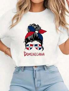 100% Cotton. Fun White T-Shirt With A Dominican Girl Design, Dominican Republic. 100% Cotton, Breathable And Comfortable Fit, Short Sleeves, Crew Neck, Suitable For All Seasons. 100% Cotton. Women's Simple Solid Color T-Shirt, Loose Fit, Casual Short Sleeve - 白色的 - 查看 1