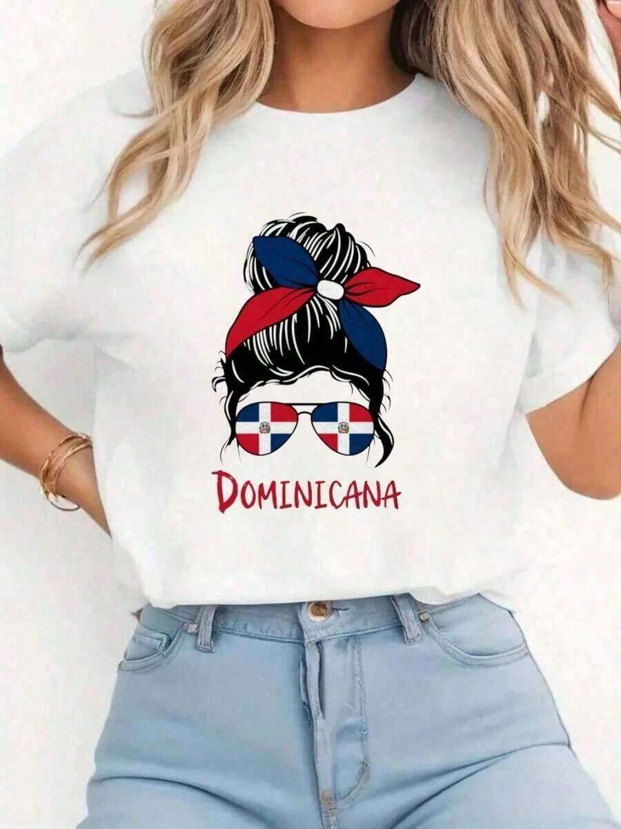 100% Cotton. Fun White T-Shirt With A Dominican Girl Design, Dominican Republic. 100% Cotton, Breathable And Comfortable Fit, Short Sleeves, Crew Neck, Suitable For All Seasons. 100% Cotton. Women's Simple Solid Color T-Shirt, Loose Fit, Casual Short Sleeve - 白色的 - 查看 1