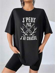 100% Cotton. Graphic Depicting A Humorous French Phrase About The Passion For Hunting, Featuring Crossed Rifles And Deer Antlers, Symbols Of Strength And Freedom. Women's Casual Style T-Shirt, Breathable, 100% Cotton, Comfortable For Everyday Wear. Women's Simple Solid Color T-Shirt, Loose And Slim Fit Casual Short Sleeve - 黑色 - 查看 4