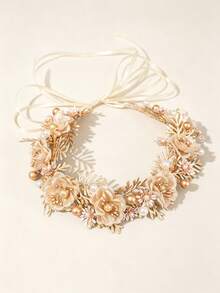 1Pc Handmade Luxury Golden Bridal Floral Headband - Pearl & Mesh Flower Hair Wreath For Wedding, Nature Photoshoot & Special Occasions - Gold - View 7