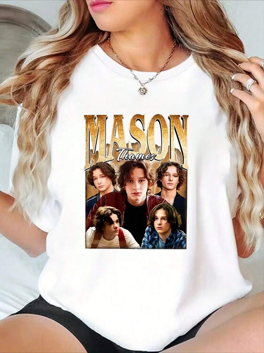 Mason Thames Themed Graphic Casual T-Shirt - Women's Short Sleeve Crew Neck T-Shirt, Soft Polyester Blend, Loose Fit, Fashion Essential, 100% Cotton, Durable - 白色 - 查看 1
