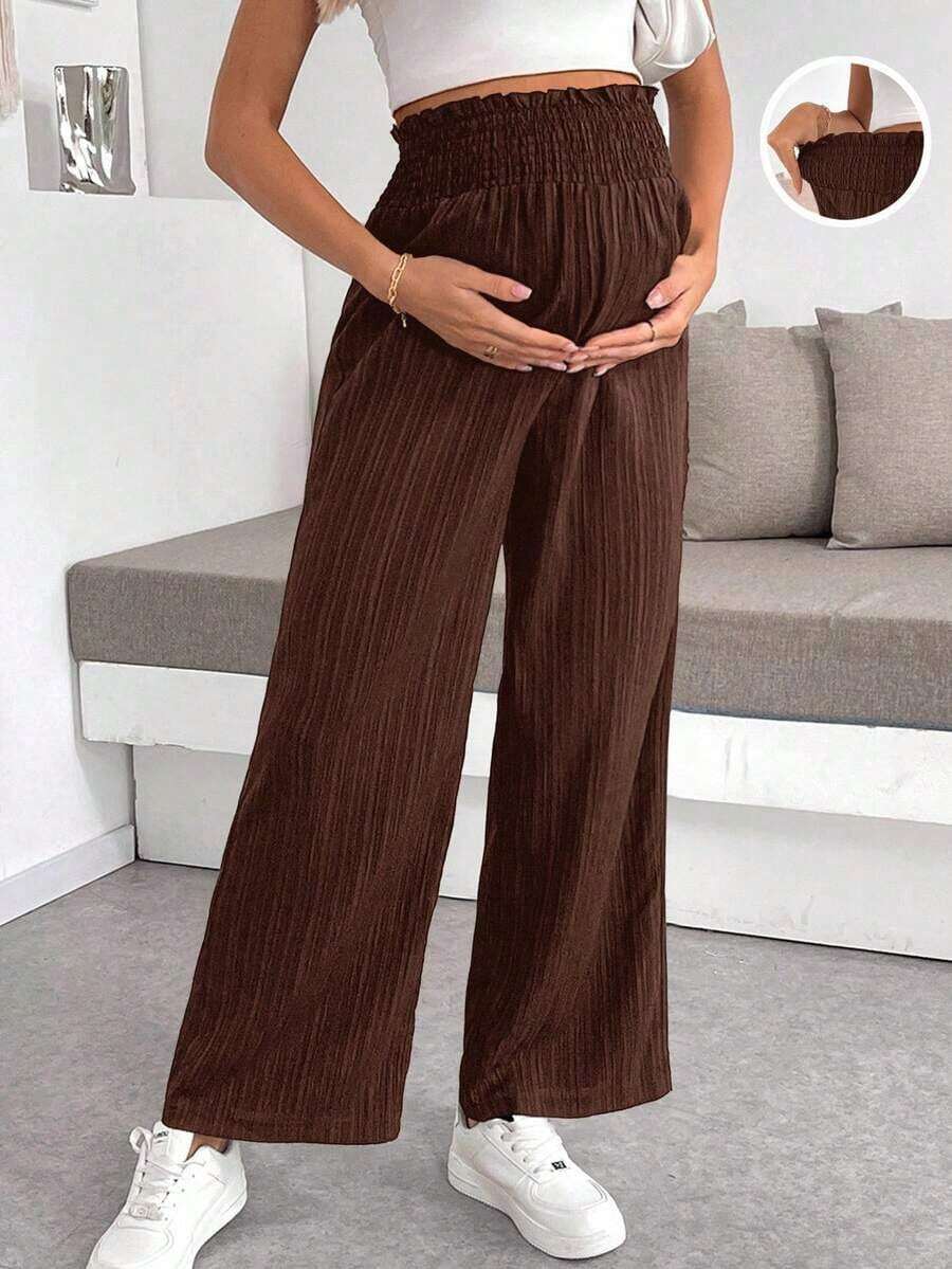 Pantalones anchos casuales sueltos de cintura de bolsa de papel de unicolor para maternidad, pantalones de maternidad, pantalones anchos de maternidad, ropa de maternidad para mujeres - Café integral - Ver 1