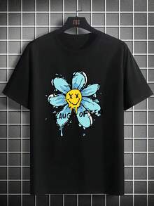 Camiseta unisex de manga corta, moderna y elegante, con estampado minimalista para hombre - con un diseño floral único y divertido de una cara amarilla alegre.El diseño estampado ofrece comodidad y transpirabilidad, lo que lo convierte en una camiseta deportiva casual de cuello redondo fácil de usar.Madeplayeras hombre,spiderman,, mujer,romwe men,boho chic,maestras regalos,camiseta para mujerconjuntos curvy para mu,y2k, - Negro - Ver 6