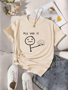 Women's Short-Sleeve T-Shirt With Round Neck, Cartoon Print And "PLZ USE IT" Lettering. Graphic Tees For Women. Casual Blouses For Women. 100% Cotton. - 杏 - 查看 1