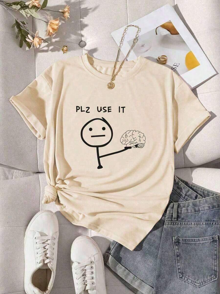 Women's Short-Sleeve T-Shirt With Round Neck, Cartoon Print And "PLZ USE IT" Lettering. Graphic Tees For Women. Casual Blouses For Women. 100% Cotton. - 杏 - 查看 1