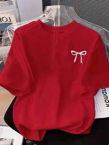 Camiseta de manga corta con estampado de lazo, versátil para uso diario y desplazamientos, de  para mujer, verano. - Rojo - Ver 6