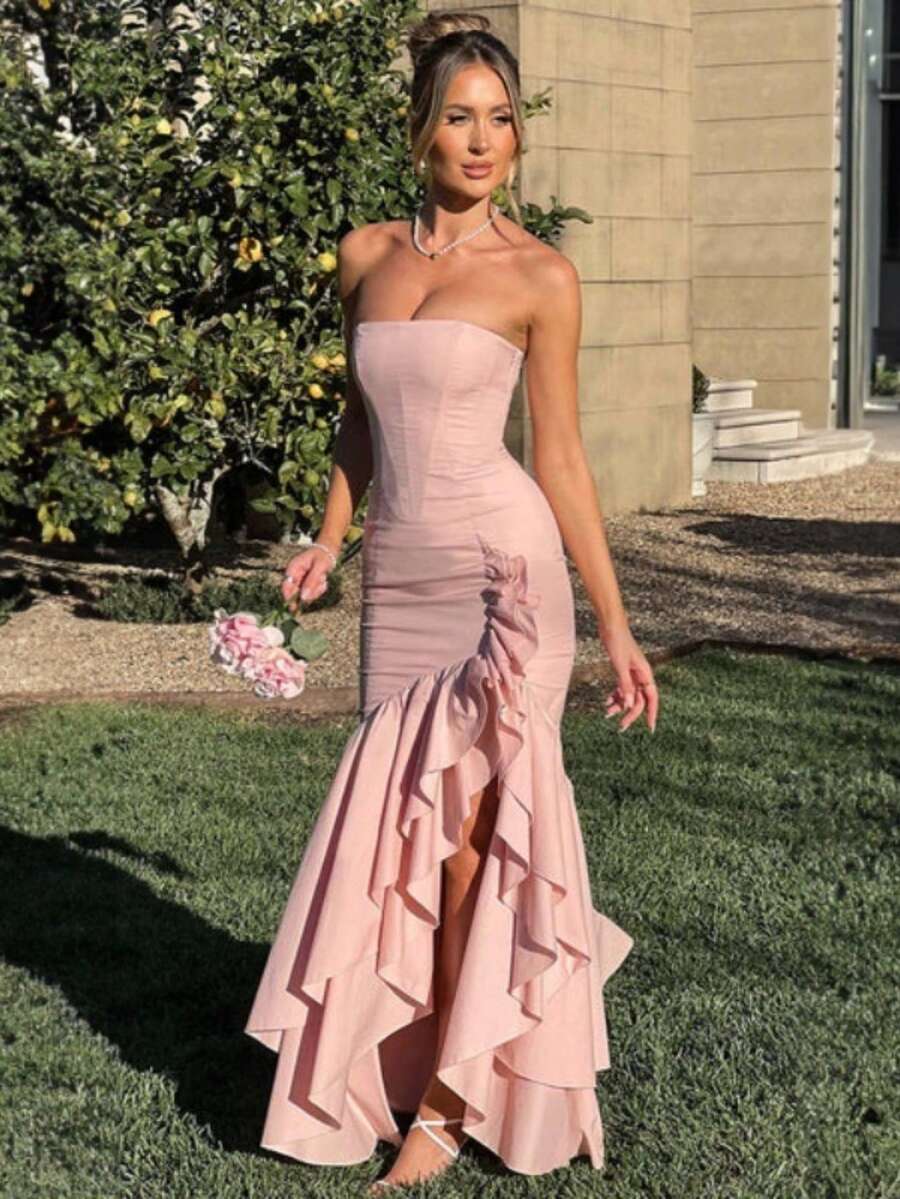 Sleeveless Knit Maxi Dress With Ruffles, Elegant And Sensual Bustier Spring Summer Fashion - Pink - View 1