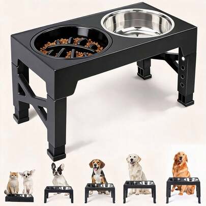 Adjustable Height Pet Dog Food Bowl Stand With Dual Stainless Steel Food & Water Bowls, Suitable For Small/Medium/Large Dogs