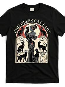 Camiseta gráfica para mujer de inspiración vintage con el estampado "Childless Cat Lady" - Cómoda, de algodón, cuello redondo, manga corta, estilo urbano moderno, negra con ilustraciones artísticas de gatos, perfecta para uso casual. - Negro - Ver 8