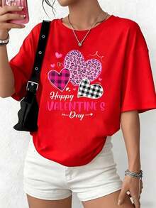 Simple And Versatile Design Women's Red T-Shirt With Pink Leopard Print Hearts And Plaid, "Happy Valentine's Day" Aesthetic T-Shirt, Vibrant Dopamine Style Top For Valentine's Day, Festive Fashion Casual Blouse Cotton T-Shirt - 紅色 - 查看 6