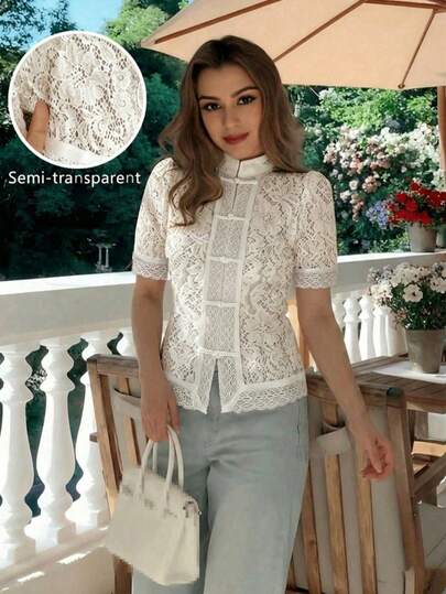 Blusa ajustada con cuello alto de encaje blanco de estilo elegante y floral, parte superior de estilo romántico francés para uso diario, apropiada para primavera/otoño y verano