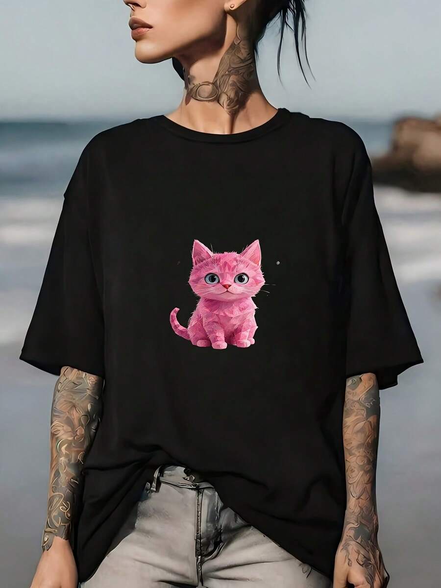 Camiseta con estampado de gatito rosa, ideal para familiares y amigos - regalo perfecto para celebraciones navideñas y actividades de team building - camiseta de tela suave de 180g para mujer.