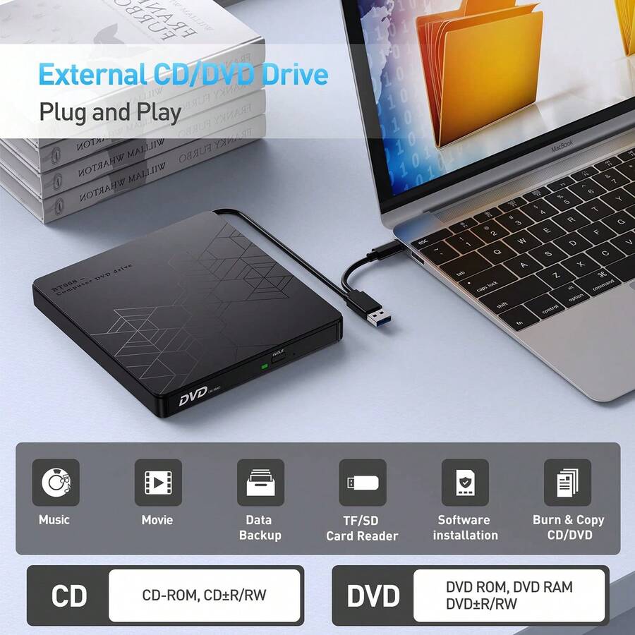 USB + Type-C 双接口外置光驱,兼容台式机、笔记本电脑、一体机和苹果电脑,支持 USB 3.0 高速传输,向下兼容 USB 2.0 和 USB 1.1 接口。二合一读写,高速光盘读写无延迟,即插即用,无需驱动程序。 - 查看 1