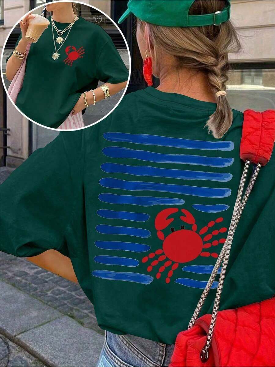 Camiseta de manga corta con cuello redondo y estampado de letras, de uso casual y versátil para uso diario - Verde militar - Ver 1