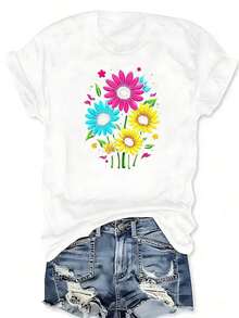Camiseta con estampado floral de flores silvestres coloridas de verano, camiseta de manga corta con cuello redondo, top casual para verano y primavera, ropa de talla grande para mujer, transpirable y cómoda. - Blanco - Ver 2