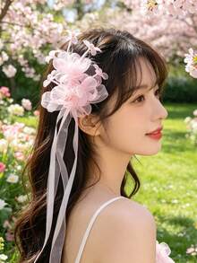 1pc Gauze Ribbon Headpiece, Ethereal Headwear For Wedding, Banquet, Suitable For Women And Girls,Combs - 9847 Pink - View 5