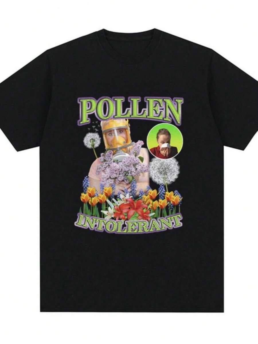Women's T-ShirtsPollen Intolerant Meme Graphic T-Shirt Men Women Fashion Vintage Short Sleeve T-Shirts 100 Cotton Casual Oversized Tee Shirt Unisex - 黑色 - 查看 1