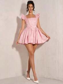 Vestido Rosa Jacquard con Cuello Cuadrado y Lazo en la Espalda, Vestidos Pastel para Mujer - Rosa - Ver 1