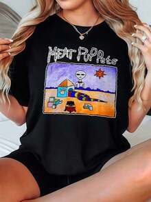 Camiseta de mujer, corte holgado casual, opciones en negro y blanco, estampado gráfico de arte de Meat Puppets, camisetas para uso diario de verano, tops de verano, camisetas gráficas, conjuntos de verano, camisetas gráficas de mujer, tops cortos de mujer, tops de mujer, ropa vintage de algodón, ropa linda para mujer, blusas para mujer. - Negro - Ver 1