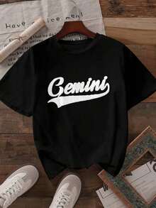 Women's Casual Loose Fit T-Shirt, Available In Black And White, Gemini Graphic Print, Summer Everyday Wear T-Shirts, Summer Tops, Graphic Tees, Women's Summer Sets, Women's Crop Tops, Casual Blouses For Ladies - 黑色 - 查看 2