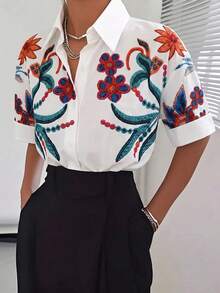 Camisa de mujer de manga corta con tela tejida de color blanco, con estampado bordado floral, estilo retro cheongsam, camisa de verano estampada, blusa de verano - Multicolor - Ver 5