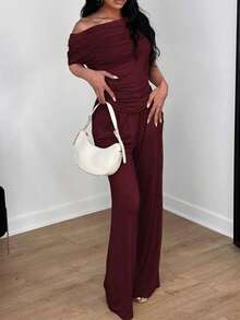 New Women's Summer Outfit, Minimalist And Elegant Style, Short Sleeves, Long Pants, Flattering Design, Cool, Versatile, Perfect For Office, Daytime Looks, Walks And Everyday Wear - 酒紅色 - 查看 4