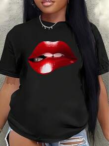 Camiseta de manga corta, ligera y duradera, con un llamativo diseño de labios rojos, es perfecta para salidas informales en casa, en cafeterías o en la oficina, ofreciendo una experiencia de uso diario cómoda.blusa casual mujer - Negro - Ver 7