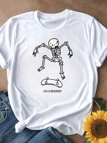 Women's T-Shirts 2026, Skeleton Skateboarding Design, Life Is Movement%, Breathable Casual Blouses For Women - 白色 - 查看 3