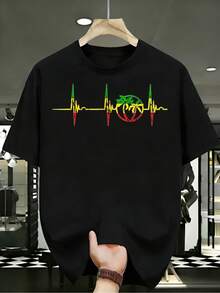 Camiseta Estampada para Mujer - Camiseta Casual de Manga Corta y Cuello Redondo Negra con Gráfico Colorido de Palmera y EKG. Con un Corte Relajado para Todas las Estaciones, Perfecta para Uso Diario o Atuendos de Vacaciones (Lavable aáquina). - Negro - Ver 1