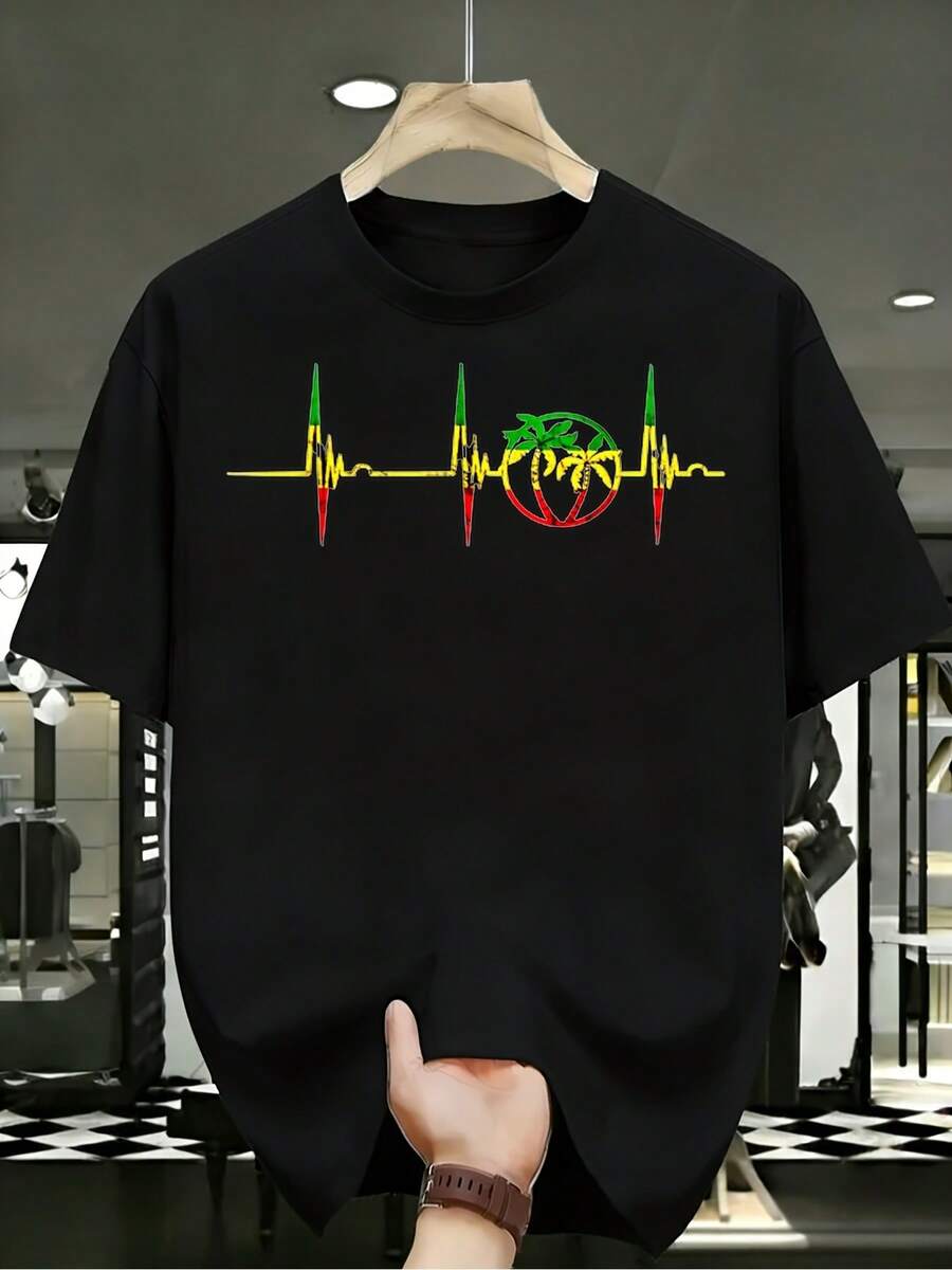 Camiseta Estampada para Mujer - Camiseta Casual de Manga Corta y Cuello Redondo Negra con Gráfico Colorido de Palmera y EKG. Con un Corte Relajado para Todas las Estaciones, Perfecta para Uso Diario o Atuendos de Vacaciones (Lavable aáquina). - Negro - Ver 1